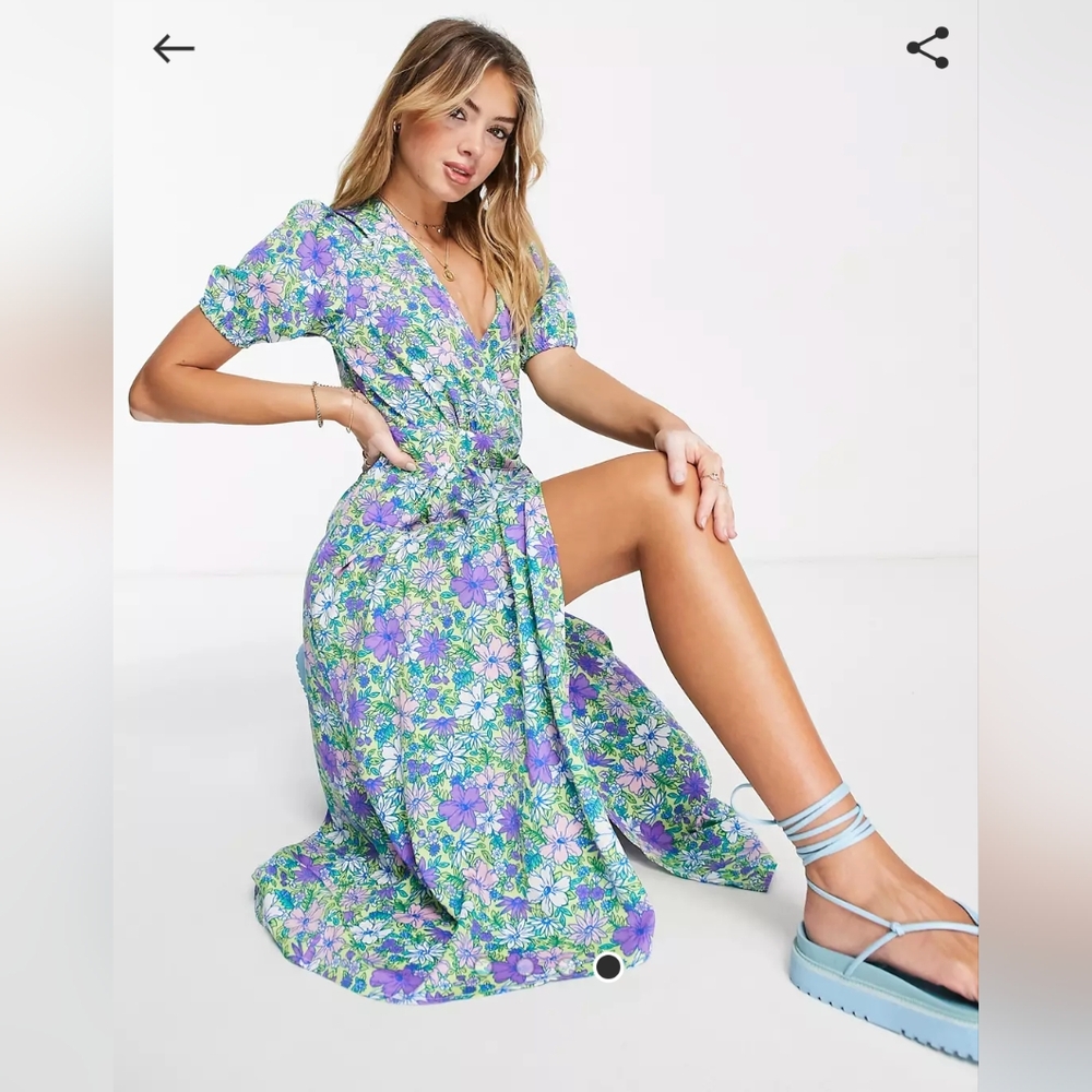 Influence wrap front midi dress in bright floral print